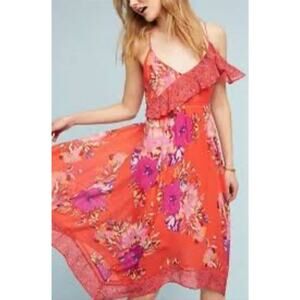 Anthropologie Maeve Sz 6 Dress Red Grecia Ruffle Floral Strappy Asymmetrical